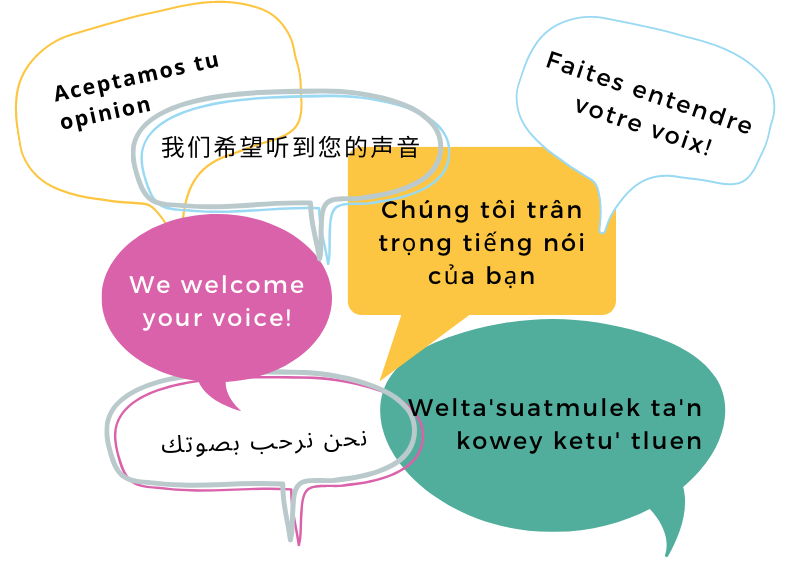Graphic with "We welcome your voice" translated into Spanish, Farsi, Mandarin, Mi'kmaq, French with caption